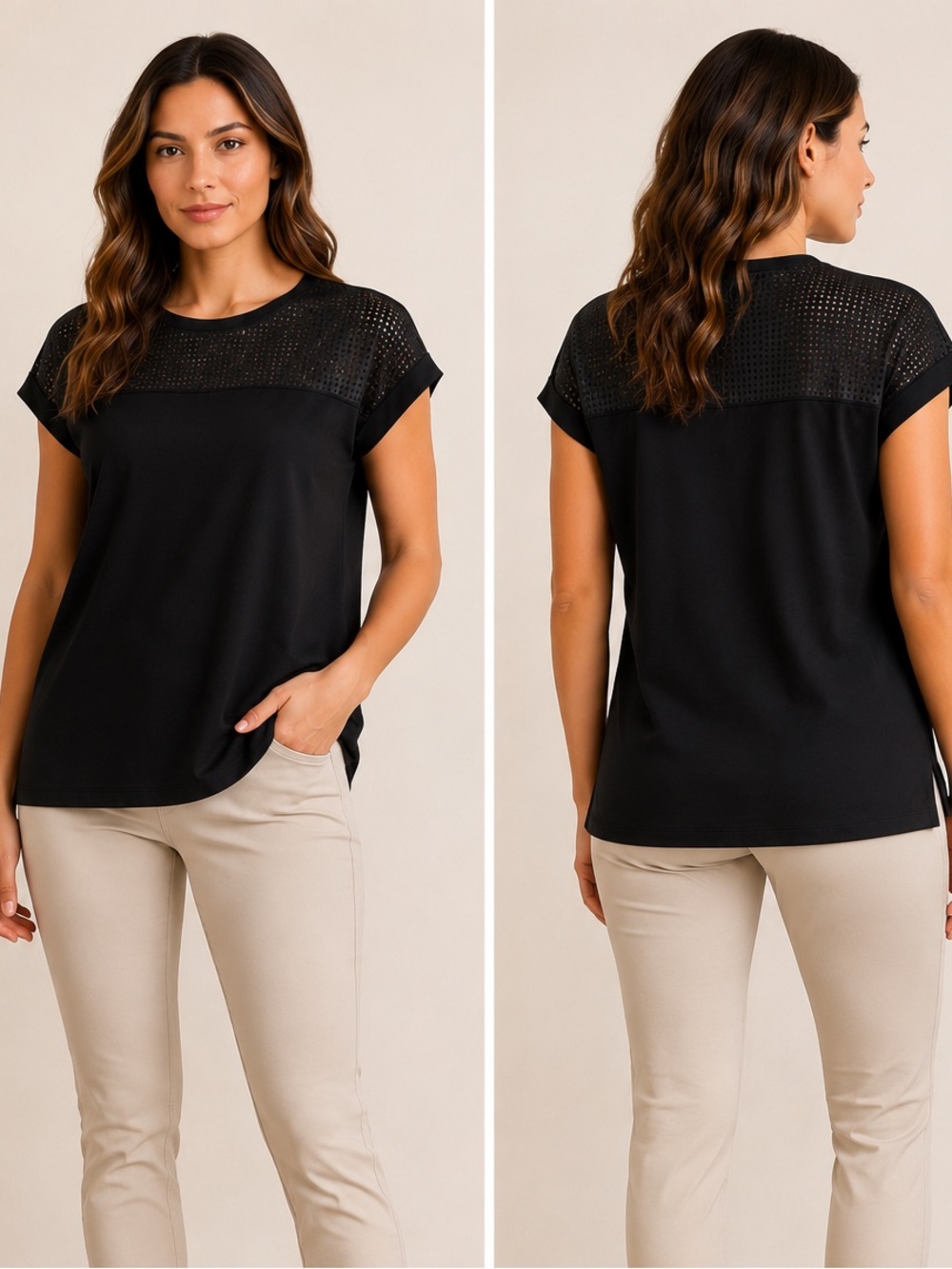 368. Anne Klein Black Short-Sleeve Eyelet Yoke Top - Women